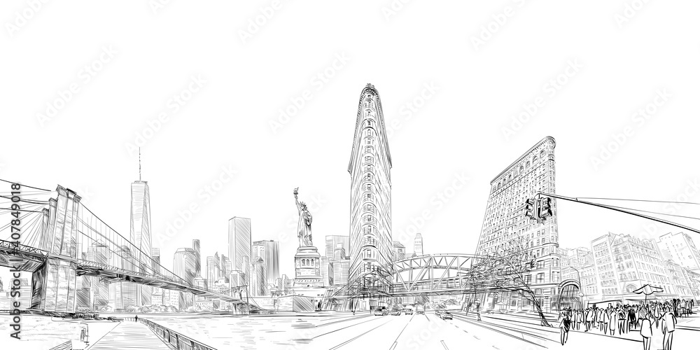 Times square. New York. USA.City panorama. Collage of landmarks. Vector illustration. Urban sketch