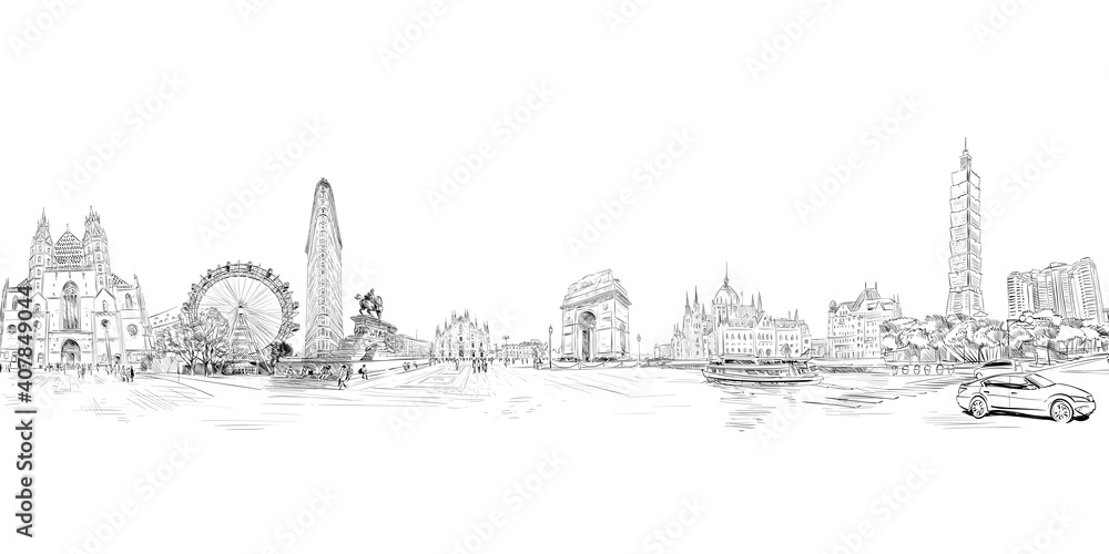 Fototapeta premium World famous landmarks and monuments. Travel posters urban sketch illustration. Tourism banner design concept. Popular world known toirism destinations. Hand drawn vector.