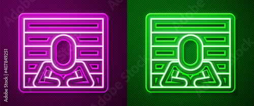 Glowing neon line Prisoner icon isolated on purple and green background. Vector.