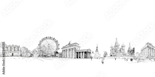 World famous landmarks and monuments. Travel posters urban sketch illustration. Tourism banner design concept. Popular world known toirism destinations. Hand drawn vector.