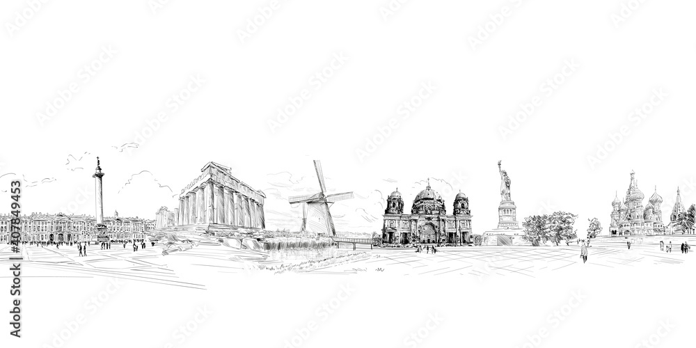 World landmarks famous buildings and architecture isolated sketches Stock  Vector | Adobe Stock