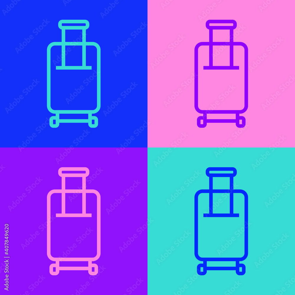 Pop art line Suitcase for travel icon isolated on color background. Traveling baggage sign. Travel luggage icon. Vector. Pop art line Suitcase for travel icon isolated on color background. Traveling baggage sign. Travel luggage icon. Vector.