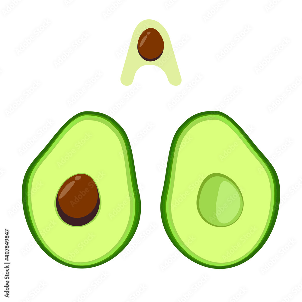 Vector avocado icon isolated on white background. Simple modern flat illustration. Two half of avocado Hass with seed in A. Different green colors. Vector avocado icon isolated on white background. Simple modern flat illustration. Two half of avocado Hass with seed in A. Different green colors.