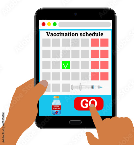 Vaccination schedule. Registration for vaccination COVID-19 on tablet. Disease prevention. Stock vector illustration on a white isolated background.