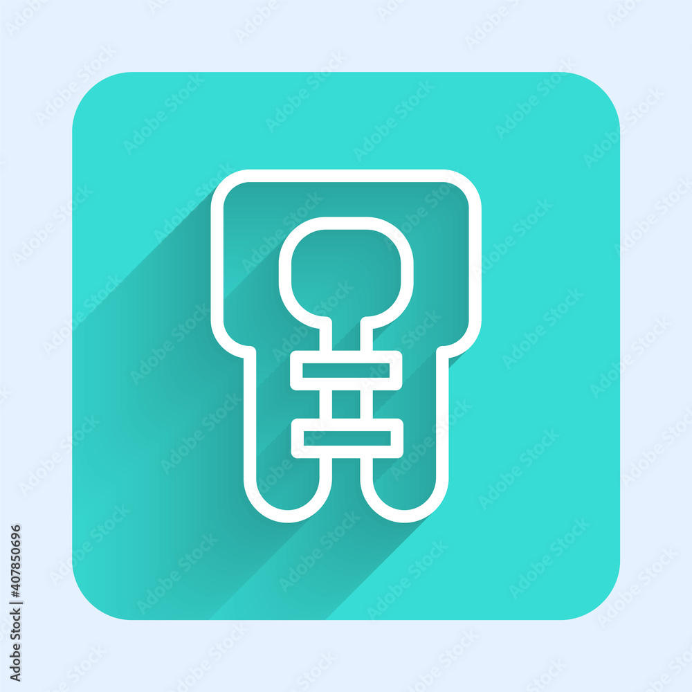 White line Life jacket icon isolated with long shadow. Life vest icon. Extreme sport. Sport equipment. Green square button. Vector. White line Life jacket icon isolated with long shadow. Life vest icon. Extreme sport. Sport equipment. Green square button. Vector.