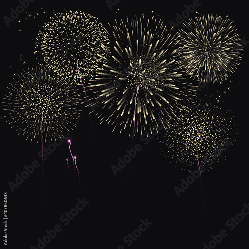 Firework on night background, anniversary bursting fireworks with stars and sparks. 