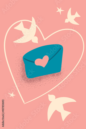 Valentine Day vector postcard with envelope and heart on pink background. White love birds and love mail retro illustration. 14 February romantic greeting card. Valentine love confession