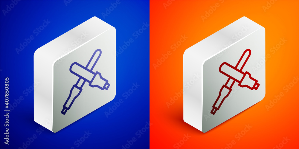 Isometric line Marshalling wands for the aircraft icon isolated on blue and orange background. Marshaller communicated with pilot before and after flight. Silver square button. Vector. Isometric line Marshalling wands for the aircraft icon isolated on blue and orange background. Marshaller communicated with pilot before and after flight. Silver square button. Vector.