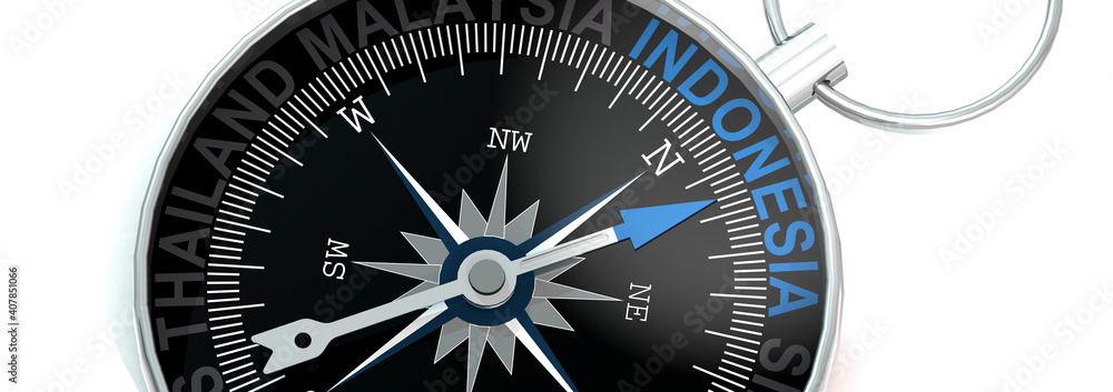 Compass needle pointing to word Indonesia