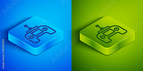 Isometric line Drone radio remote control transmitter icon isolated on blue and green background. Square button. Vector.