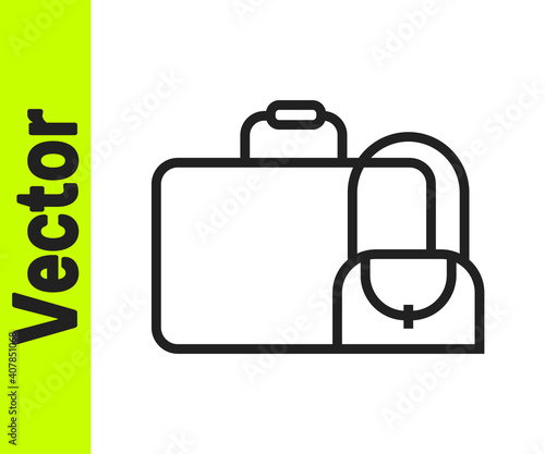 Black line Suitcase for travel icon isolated on white background. Traveling baggage sign. Travel luggage icon. Vector.