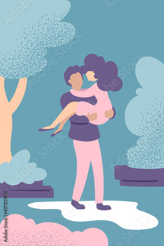 Valentine Day flat style card with couple in love. Man lift woman in spring garden. Romantic relationship couple in love. St Valentines Day flat vector illustration with boy and girl