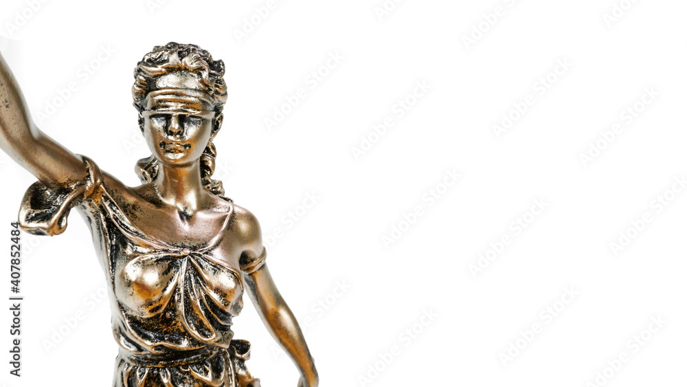 Close up of Statue of Lady justice named Justitia isolated on white background. Law and Legal concept.