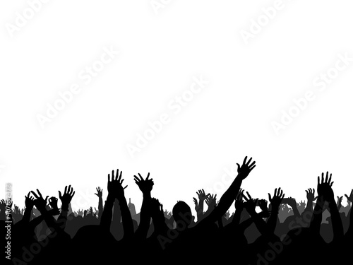 Hands at the concert, silhouettes against stage lighting. Isolated on white background.