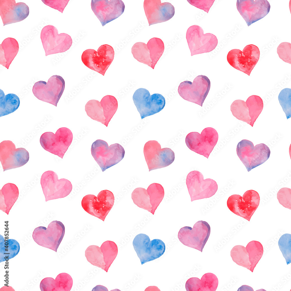 Pink watercolor painted hearts seamless pattern. Vector illustration.