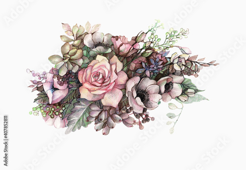 Floral Illustration with Rose. Anemones and Succulents in Vintage Shabby Chic Style © Olga