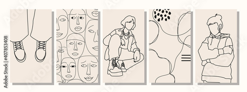 Set of Woman's Face minimalist collage abstract contemporary fashion in a modern trendy colors.