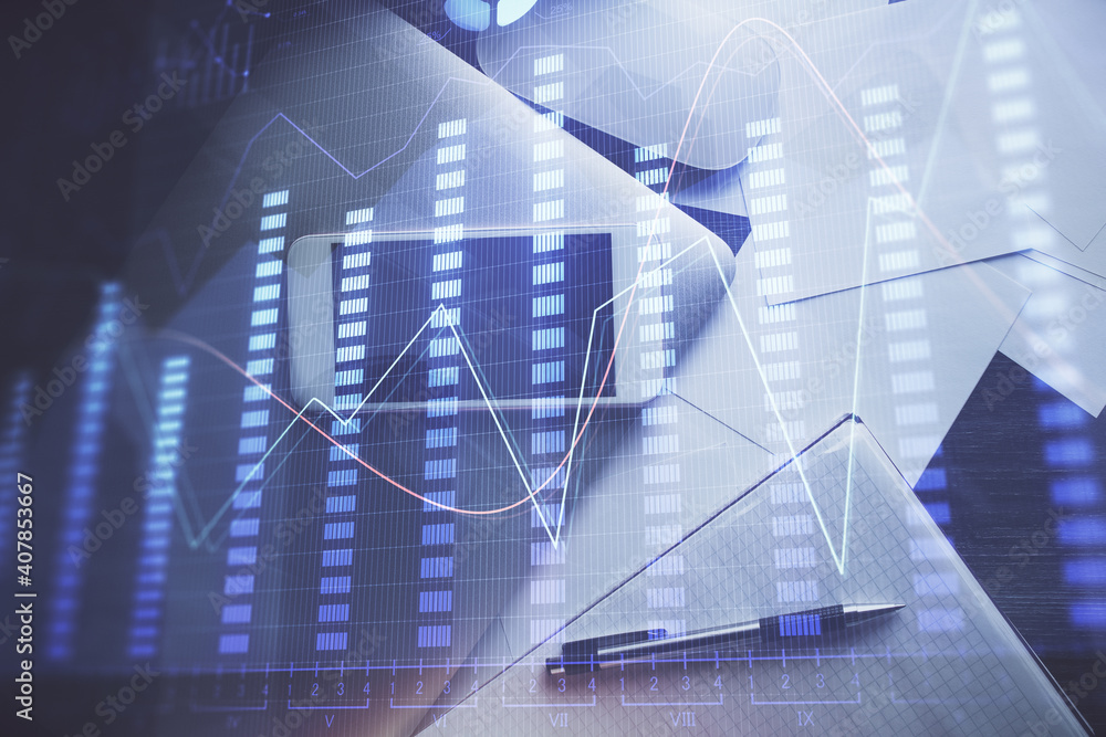Multi exposure of forex graph hologram over desktop with phone. Top view. Mobile trade platform concept. Multi exposure of forex graph hologram over desktop with phone. Top view. Mobile trade platform concept.