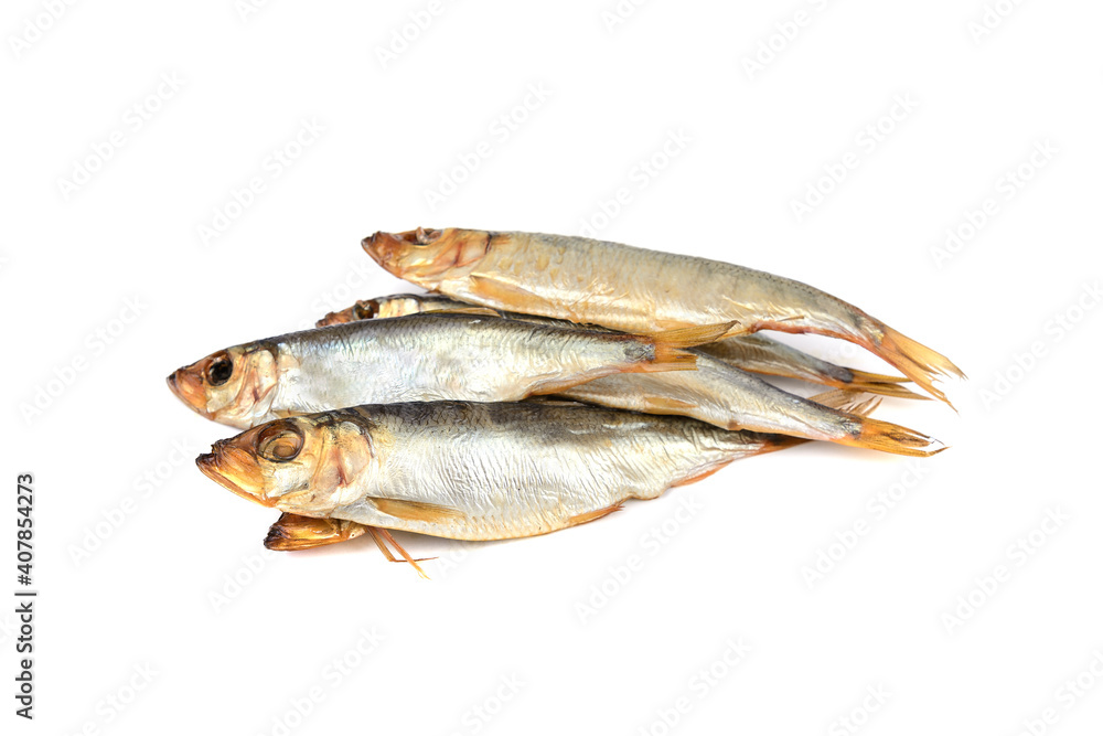 Herring.Delicious hot-smoked Baltic herring on a white isolated background, selective focus.Space for the text .