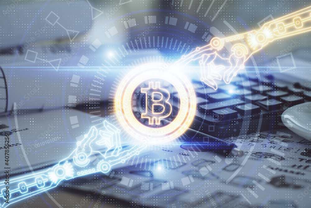 Double exposure of blockchain theme drawings and desk with open notebook background. Concept of Crypto currency Double exposure of blockchain theme drawings and desk with open notebook background. Concept of Crypto currency