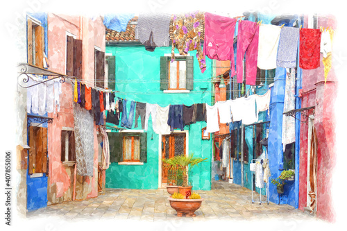 Burano street with colorful houses and hanging cloths, near Venice, Italy. Watercolor painting sketch.