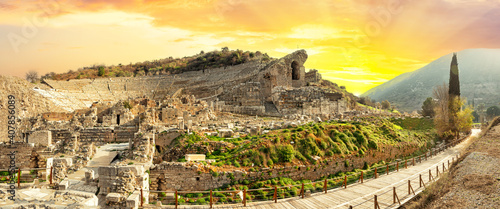 Panorama of Roman amphitheater in Ephesus in evening