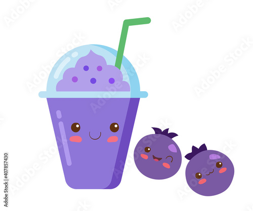 Iced Fruits Smoothie in a plastic cup with rich foam. Vector kawaii drink kids illustration in cute cartoon style isolated on white background. Blueberry, blackberry, blackcurrant fruit smoothie.