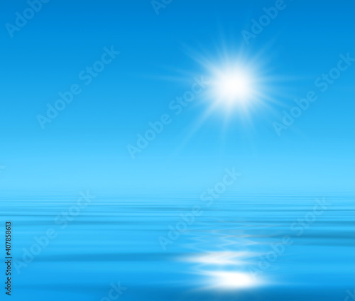 Sun over blue sky reflected in water, natural relaxation background, spring or summer symbol, 3D render illustration.