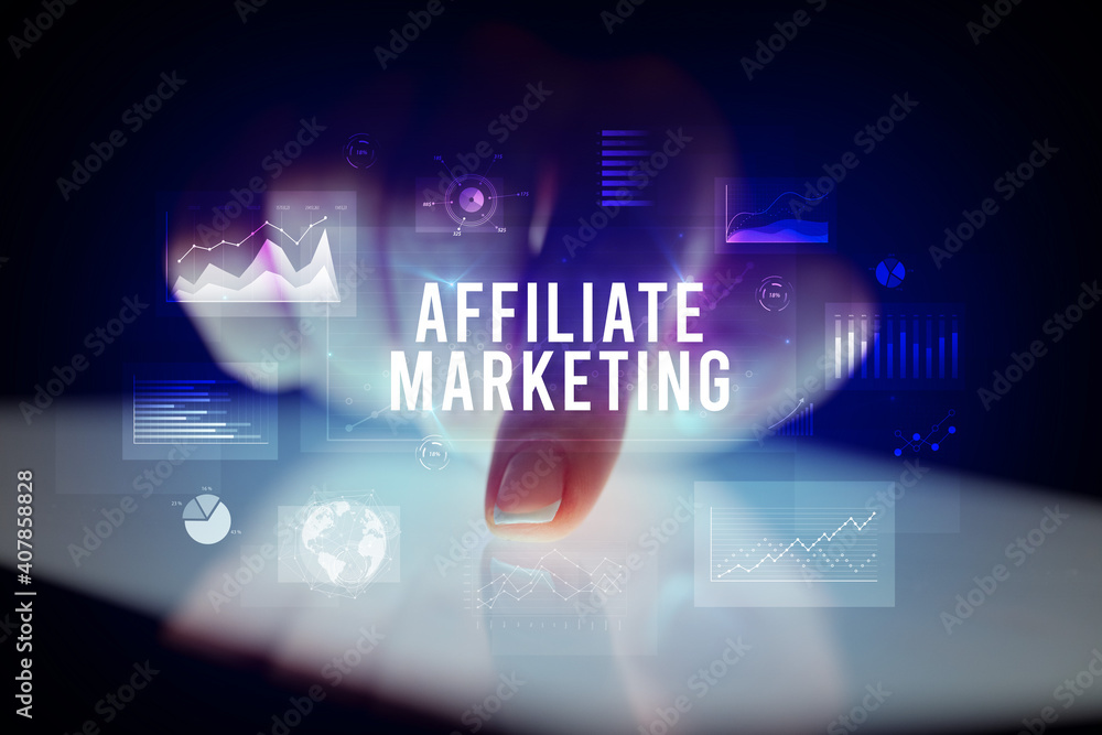 Finger touching tablet with charts and AFFILIATE MARKETING inscription, business concept Finger touching tablet with charts and AFFILIATE MARKETING inscription, business concept