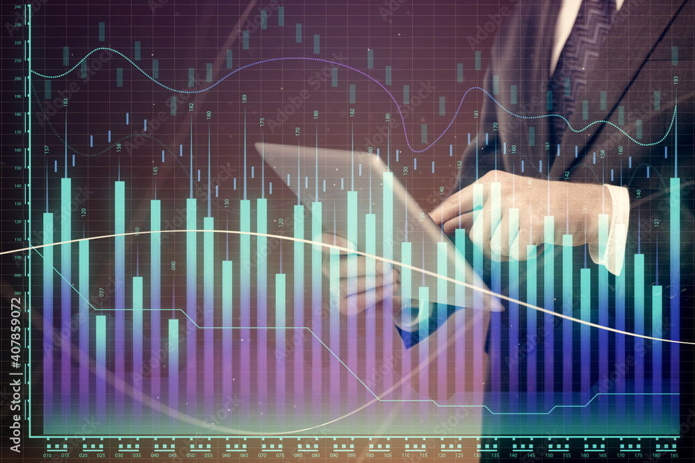 Double exposure of man's hands holding and using a digital device and forex graph drawing. Financial market concept. Double exposure of man's hands holding and using a digital device and forex graph drawing. Financial market concept.
