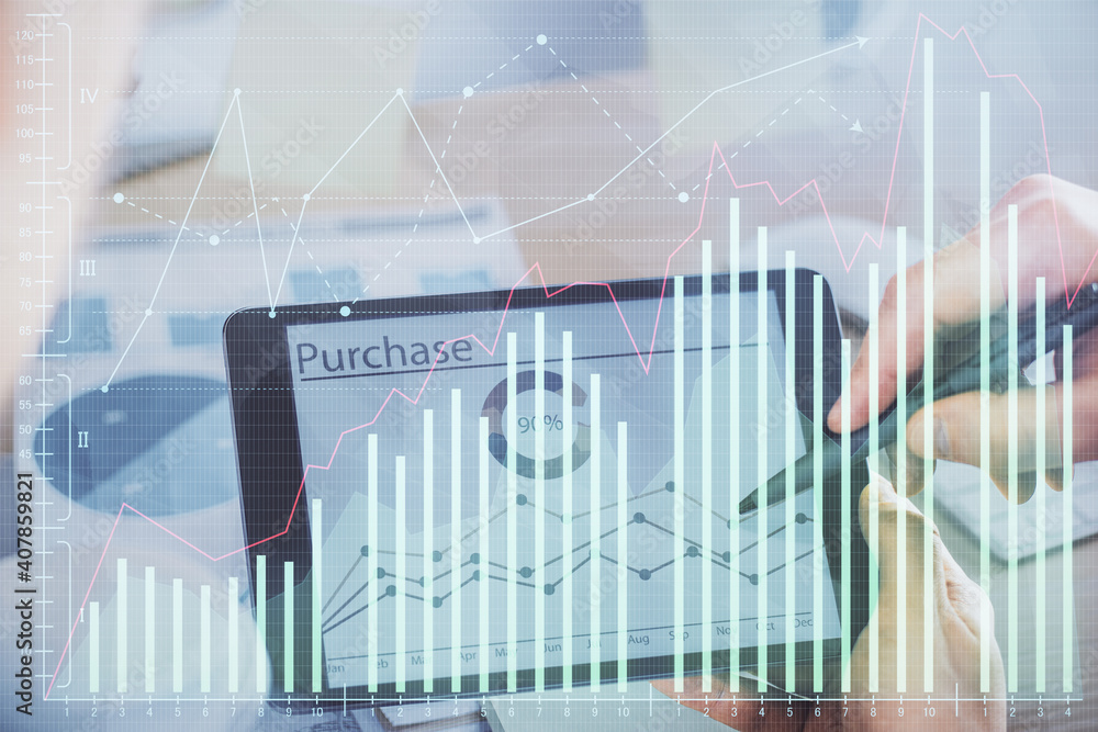 Double exposure of man's hands holding and using a phone and financial chart drawing. Market analysis concept. Double exposure of man's hands holding and using a phone and financial chart drawing. Market analysis concept.