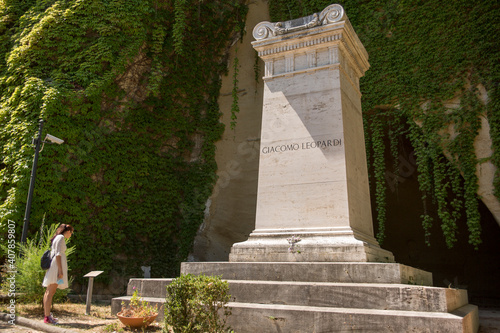 Tomb of Giacomo Leopardi at the Vergiliano park in Naples, Italy. The mauseleo consists of a column and a marble inscription. photo