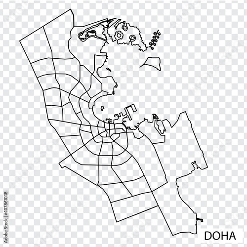 High Quality map of Doha is a capital  Qatar, with borders of the regions. Map of Doha for your web site design, app, UI. EPS10.