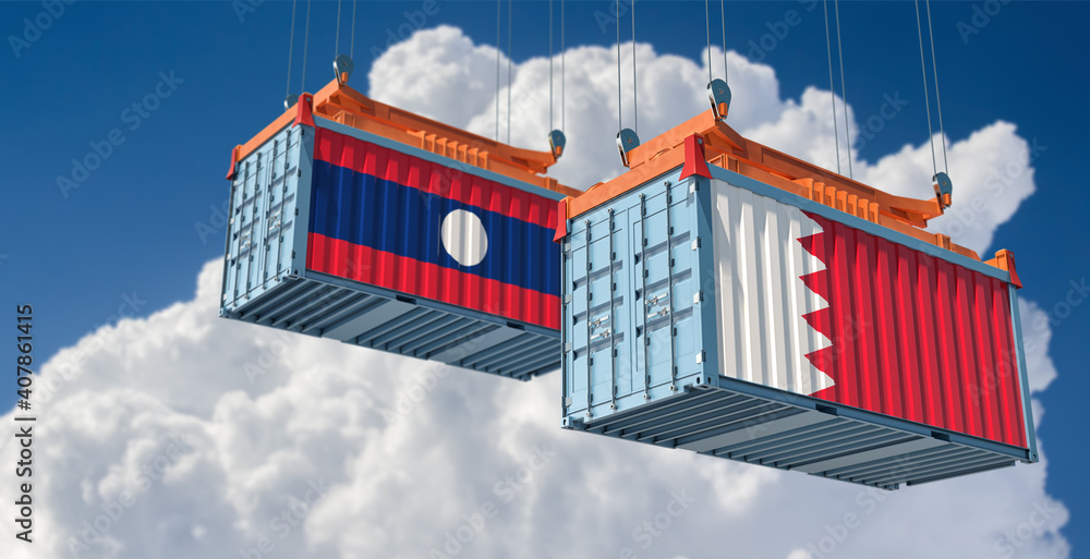 Freight containers with Bahrain and Laos flag. 3D Rendering 