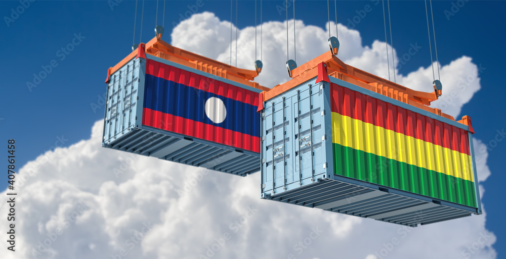 Freight containers with Bolivia and Laos flag. 3D Rendering 