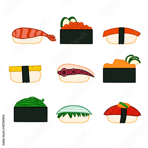 Collection of different types of sushi isolationon white background. Design element for poster emblem menu. Vector illustration