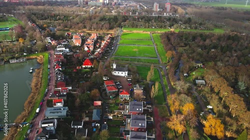 Schellingwoude Aerial view, a small historic village along the river Ij Near Amsterdam, The Netherlands photo