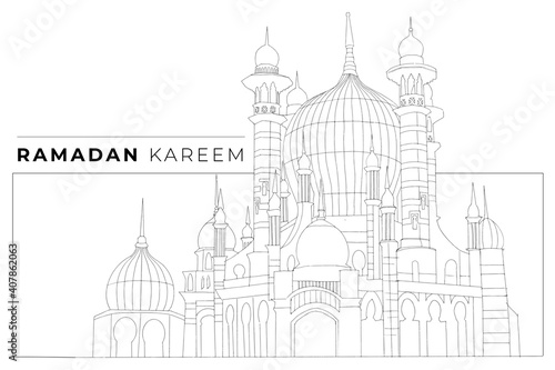 Ramadan kareem card design. Vector illustration of a mosque hand sketched. Minimalistic design.
