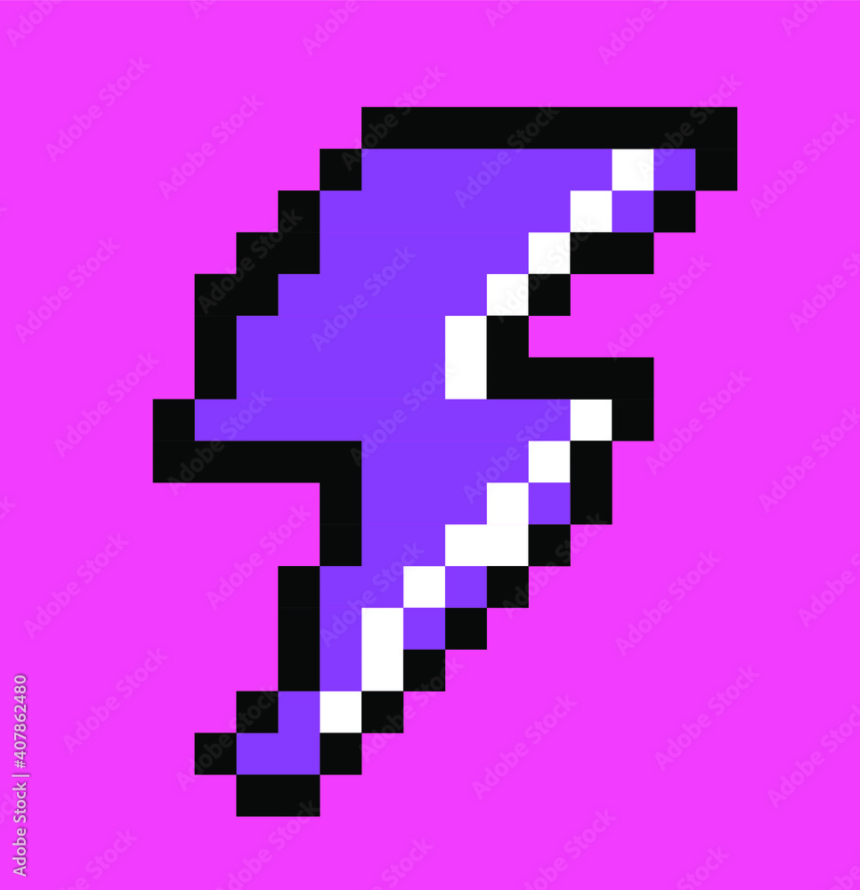 Fototapeta premium Lightning bolt icon in pixel art style like in old video games of 80's-90's. Symbol of thunderbolt, High Voltage icon.