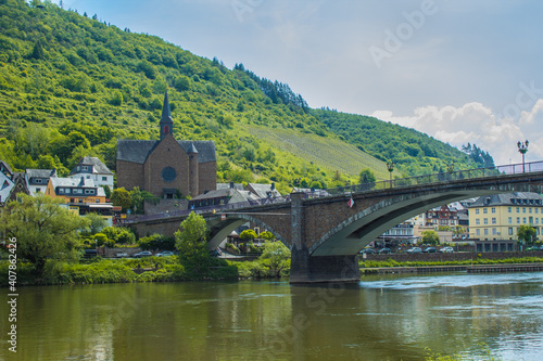 Cochem. St Remaclus church and Skagerrak bridge. It is a small picturesque town at Moselle river in Rhineland-Palatinate, Germany