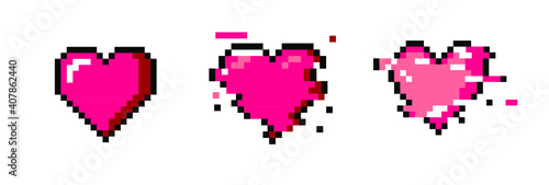 Set of pixel art heart icons. Vector 8-bit retro style illustration.