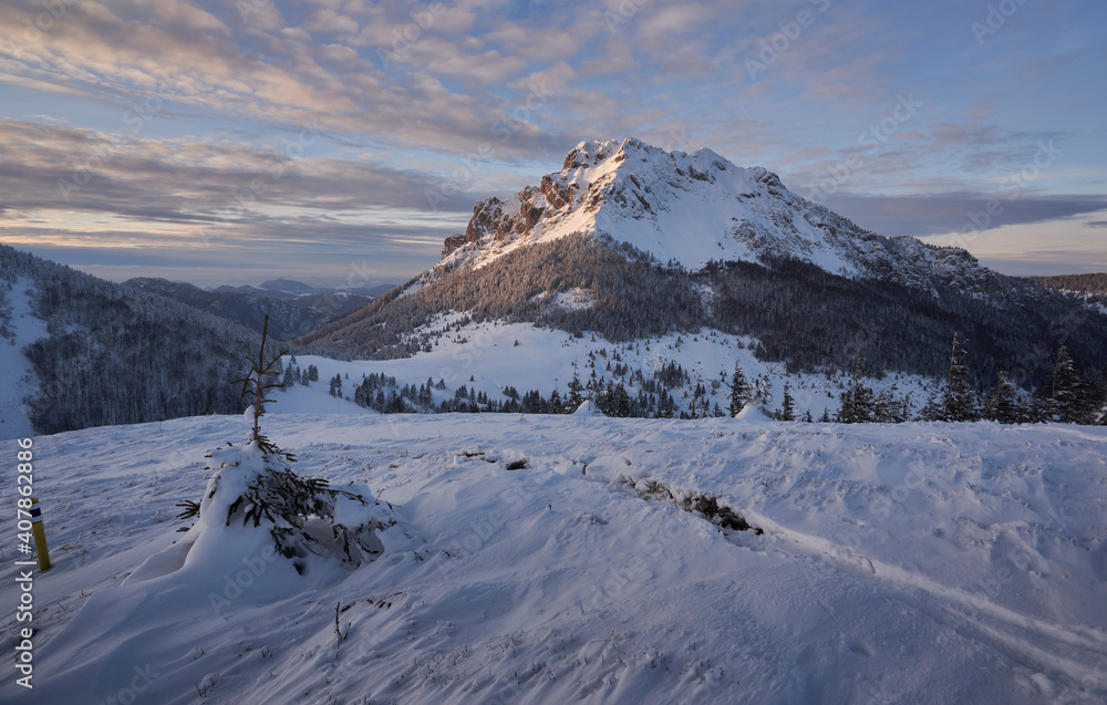 Winter mountain landscape in Mala Fatra on hill Velky Rozsutec in Slovakia