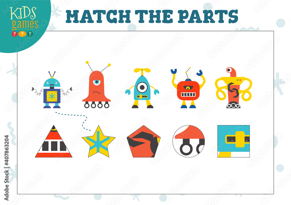 Vector mini game sheet with cute robots. Education illustration for preschool or kindergarten children