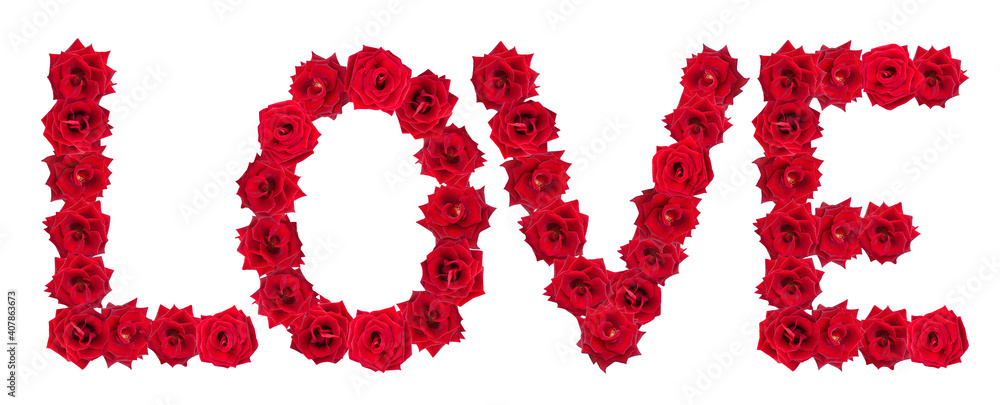 The word LOVE is made from bright red roses. Design element.