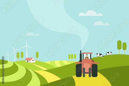 Illustration of a tractor moving through a farm