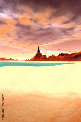 Alien Planet. Mountain and lake. 3D rendering