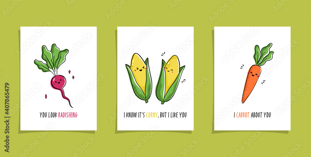 Set of cards with veggies and funny phrases. Puns with cute radish