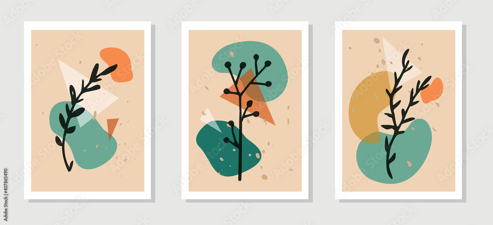 Botanical wall art vector set. Plant elements line art drawing with abstract shape spots. Abstract plant art design for print, cover, wallpaper, T-shirt and natural wall art. Vector illustration.