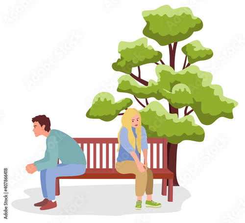 Vector illustration of Couple quarrel scene. Dispute between lovers, man,woman sitting against each other on bench with disagreement. Unhappy sad couple in depression having relationship problem