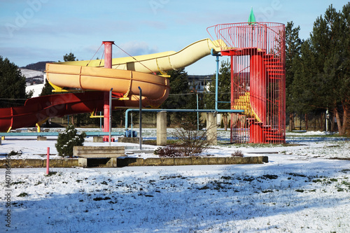 Water slide at the town swimming pool in winter